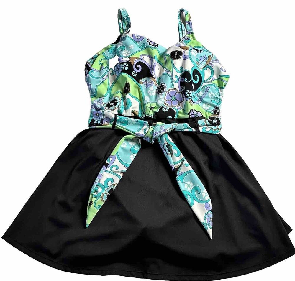 Amoena Women’s 1 Piece Bathing Suit Boho Multicolor V-Neck Skirt Belt Padded 20
